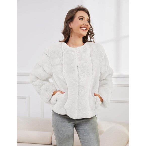 Women's Faux Fur Coat Long Sleeves Open Front Warm Winter Cropped Jacket White - Picture 4 of 6
